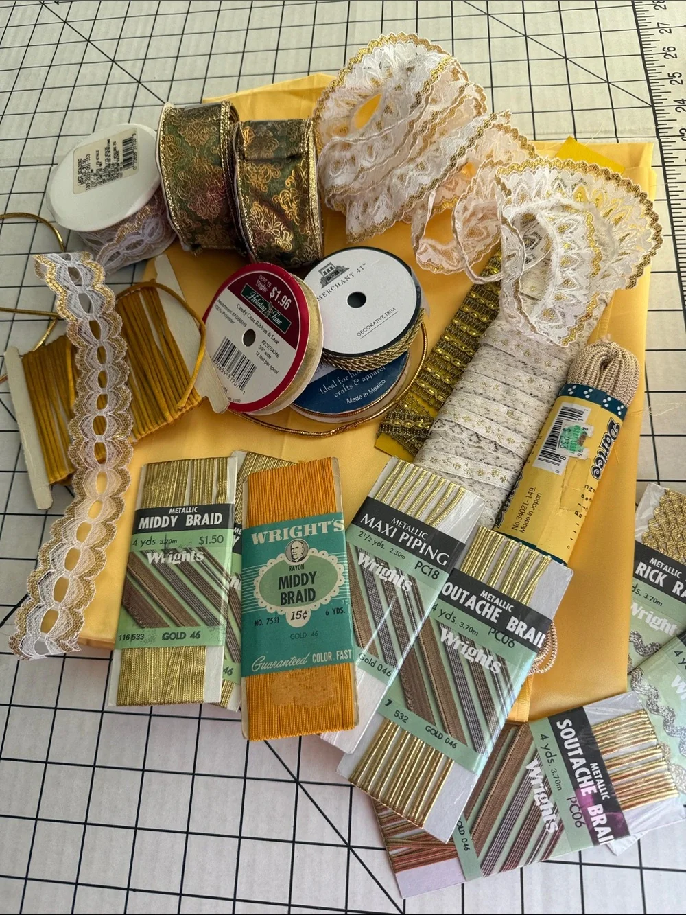 Vintage Gold Trim Ribbon Lace Wright’s Metallic Braid Craft Sewing Lot Satin